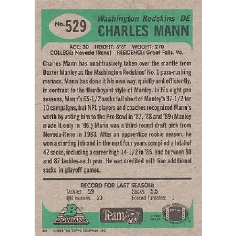 1991 Bowman #529 Charles Mann NM-MT Washington Redskins Football Card - Football Card Single