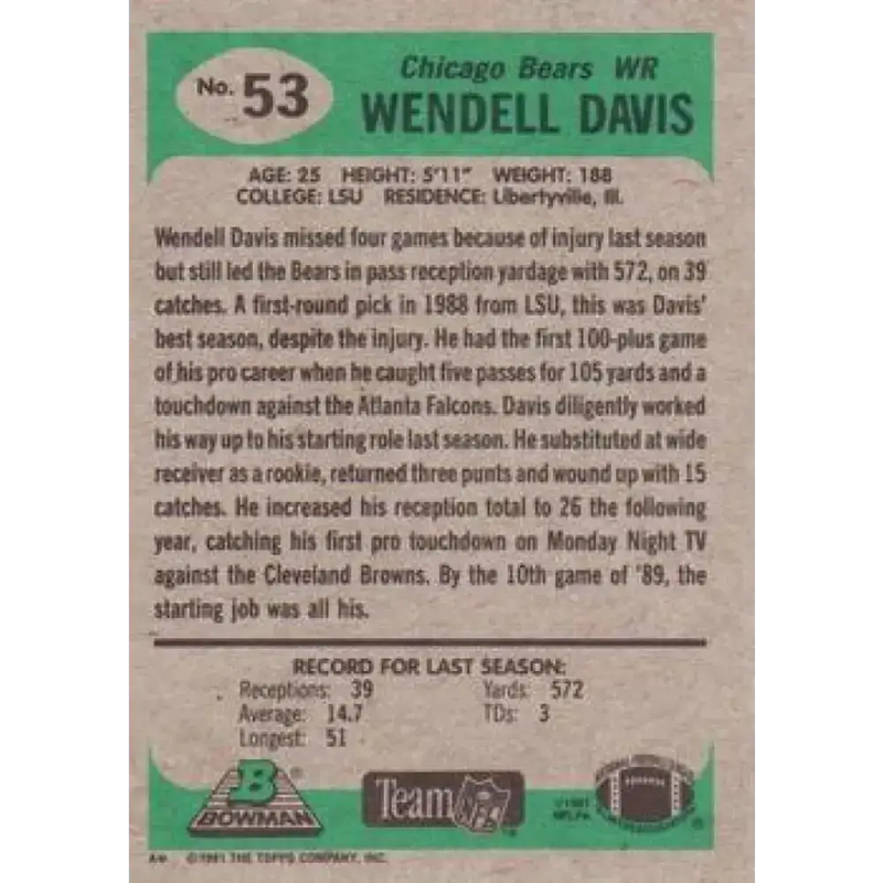 1991 Bowman #53 Wendell Davis NM-MT Chicago Bears Football Card - Football Card Single