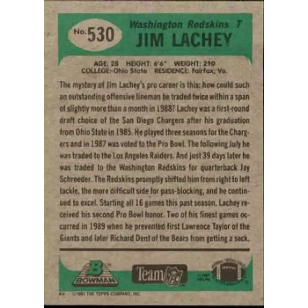1991 Bowman #530 Jim Lachey NM-MT Washington Redskins Football Card - Football Card Single