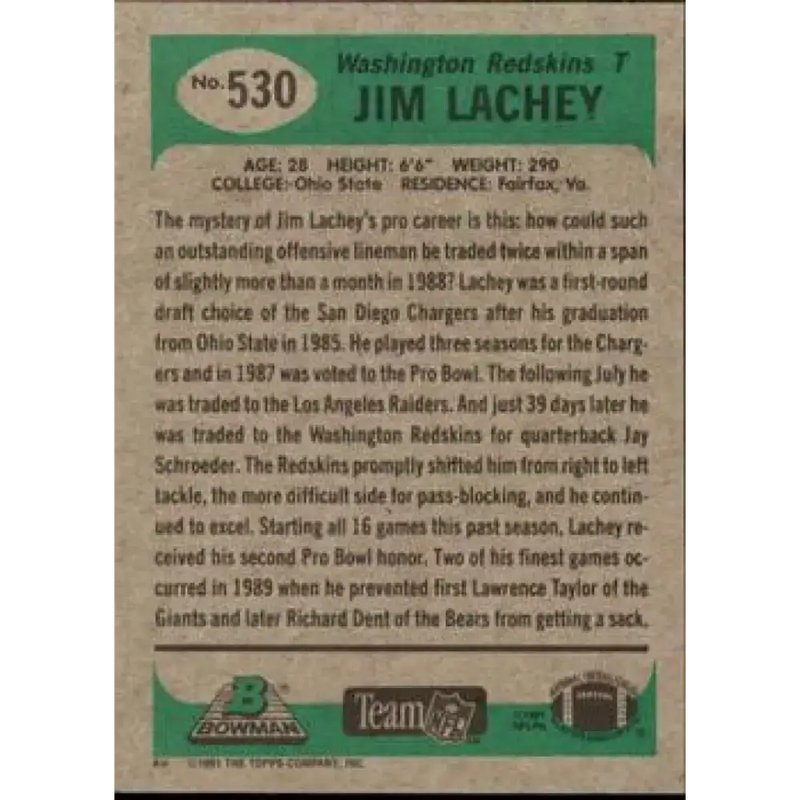 1991 Bowman #530 Jim Lachey NM-MT Washington Redskins Football Card - Football Card Single