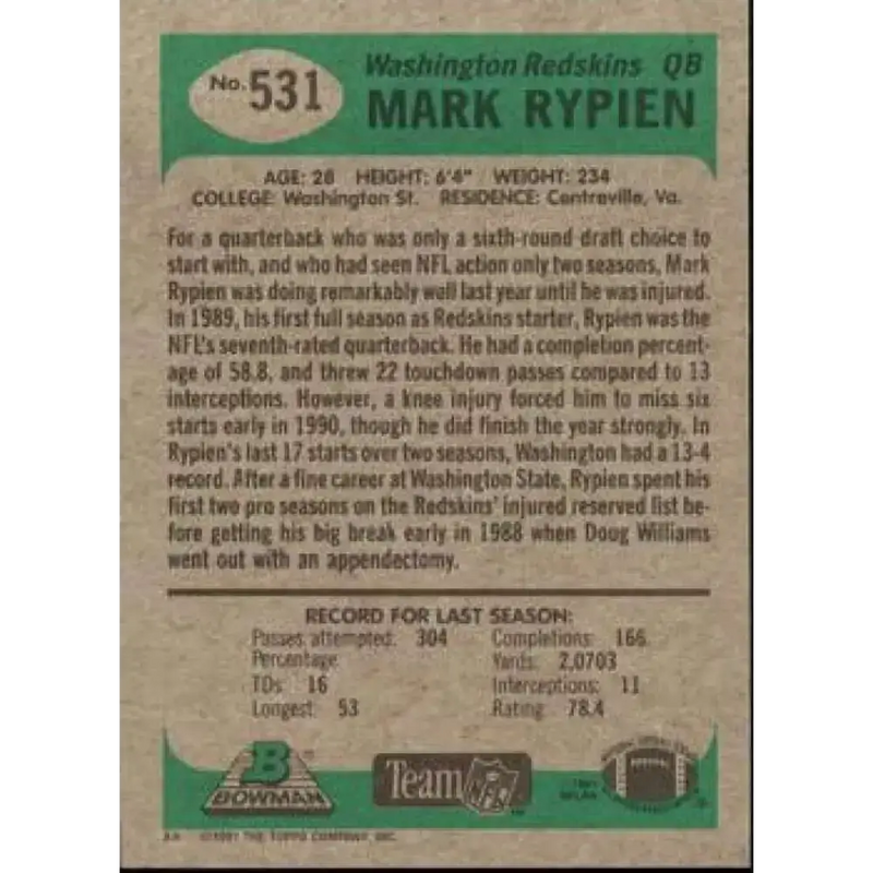1991 Bowman #531 Mark Rypien NM-MT Washington Redskins Football Card - Football Card Single