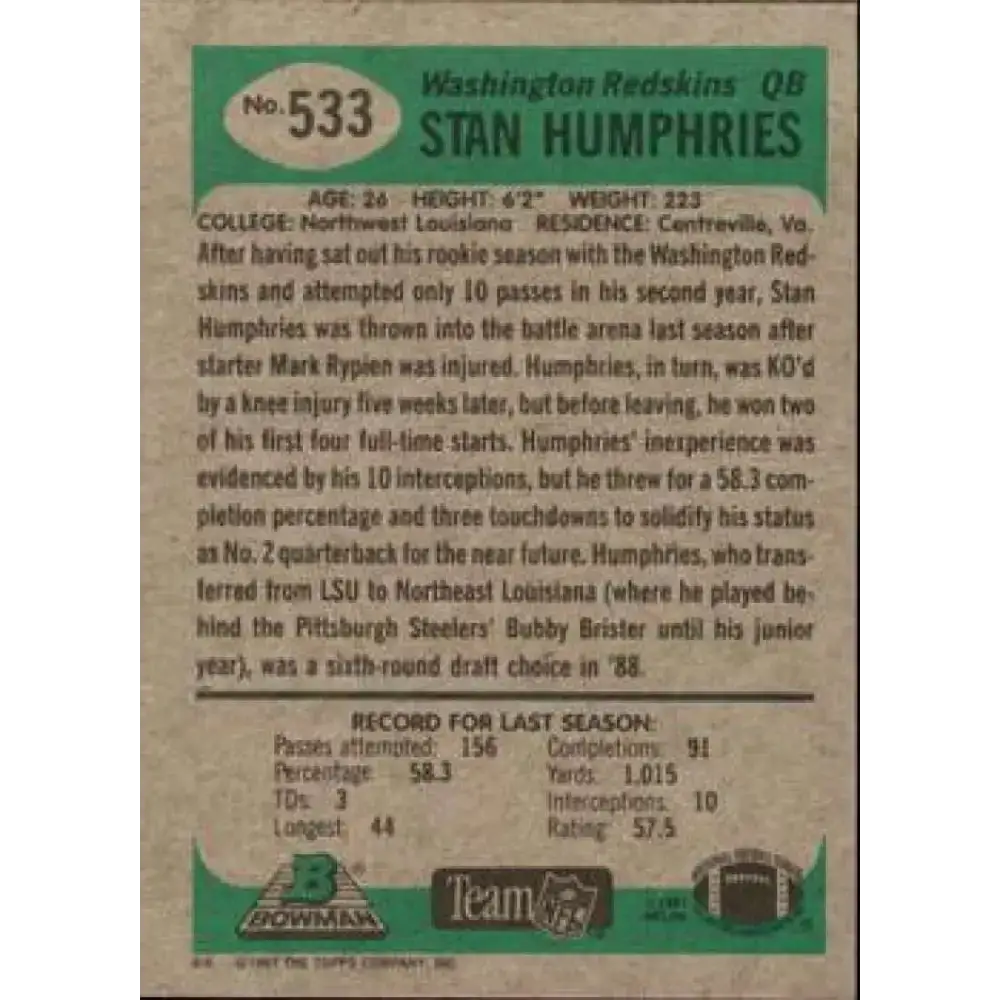 1991 Bowman #533 Stan Humphries NM-MT Washington Redskins Football Card - Football Card Single