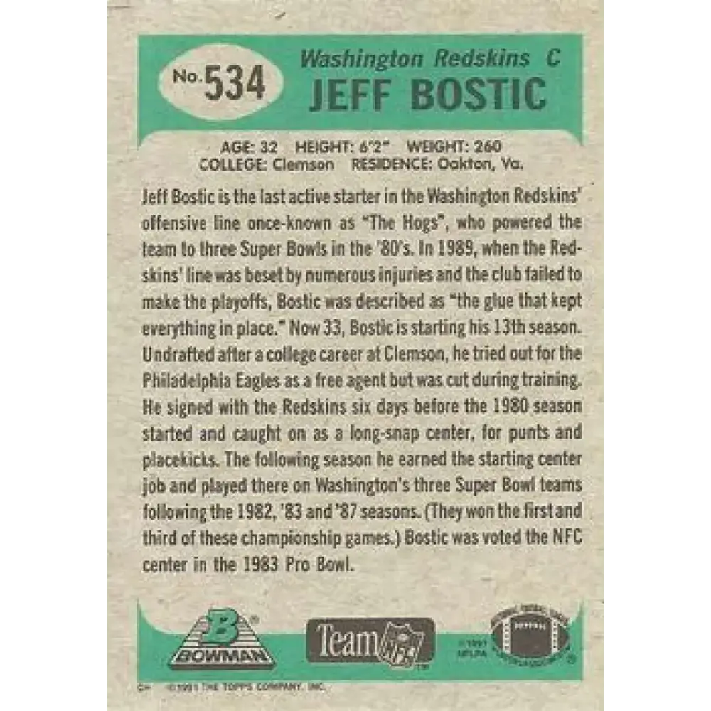 1991 Bowman #534 Jeff Bostic NM-MT Washington Redskins Football Card - Football Card Single