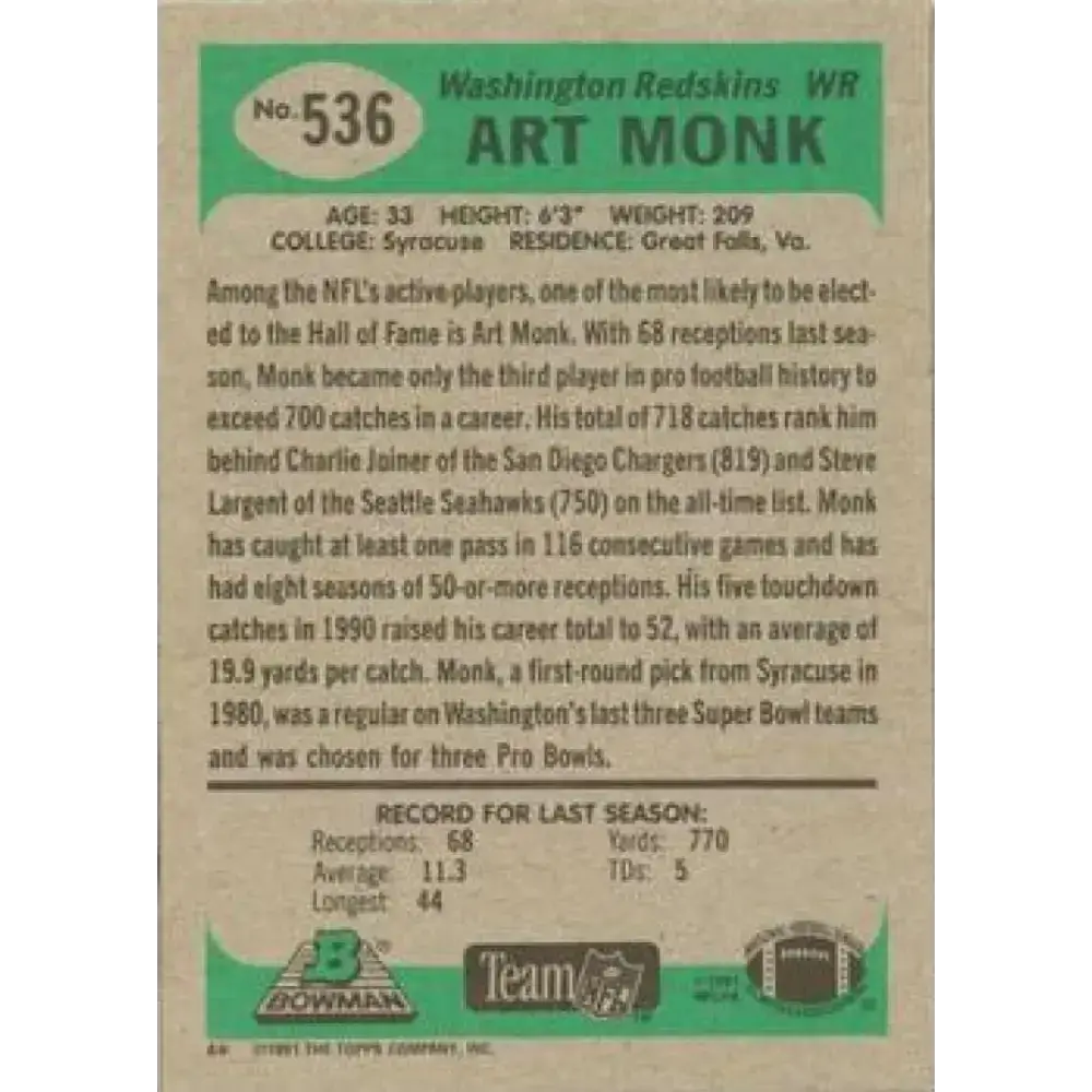 1991 Bowman #536 Art Monk NM-MT Washington Redskins Football Card - Football Card Single