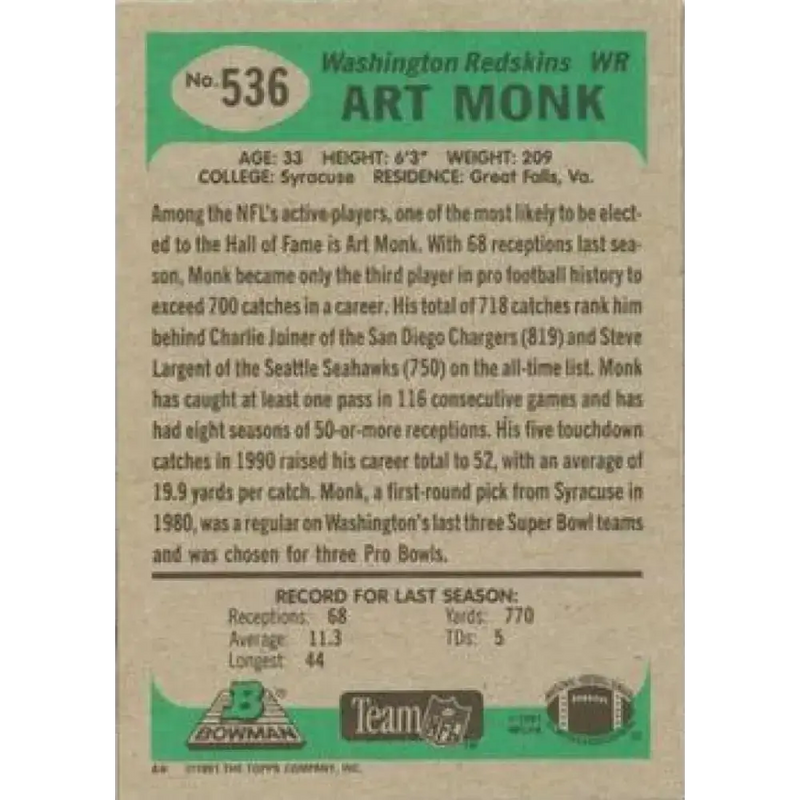 1991 Bowman #536 Art Monk NM-MT Washington Redskins Football Card - Football Card Single