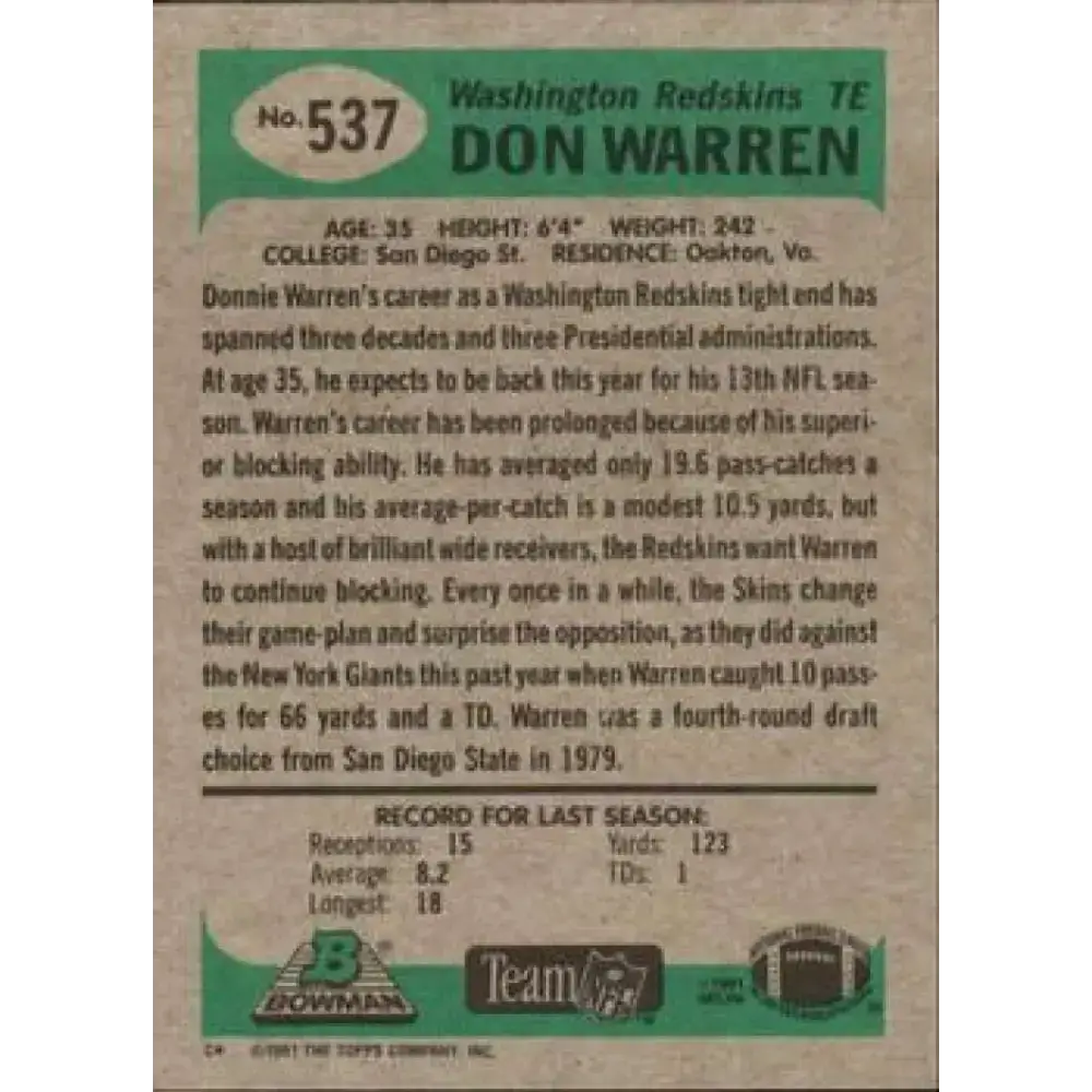 1991 Bowman #537 Don Warren NM-MT Washington Redskins Football Card - Football Card Single