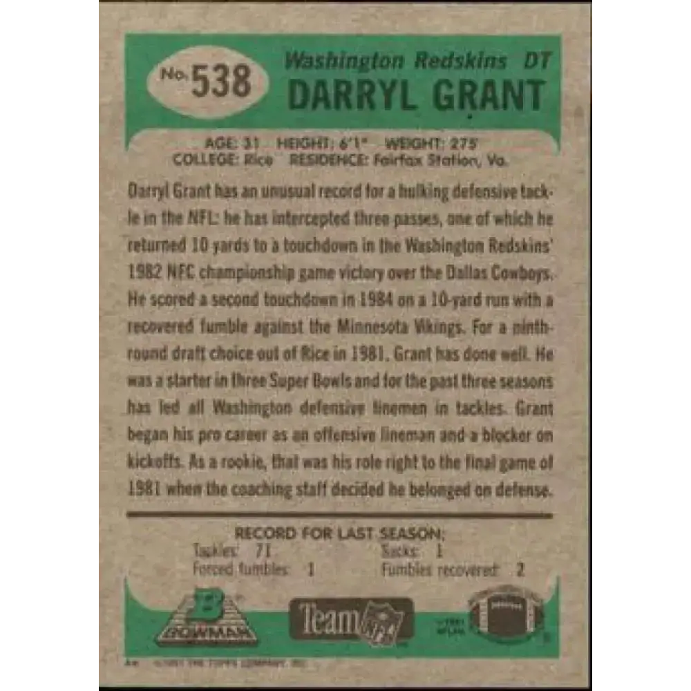 1991 Bowman #538 Darryl Grant NM-MT Washington Redskins Football Card