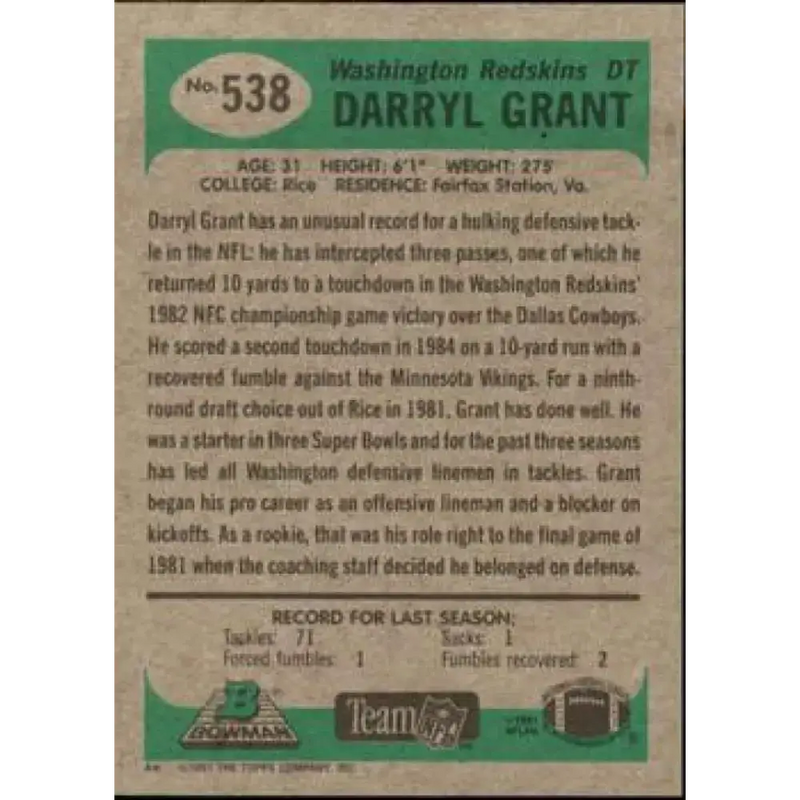 1991 Bowman #538 Darryl Grant NM-MT Washington Redskins Football Card