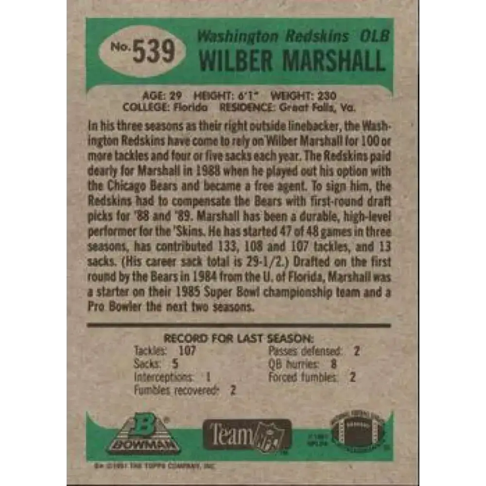 1991 Bowman #539 Wilber Marshall NM-MT Washington Redskins Football Card - Football Card Single