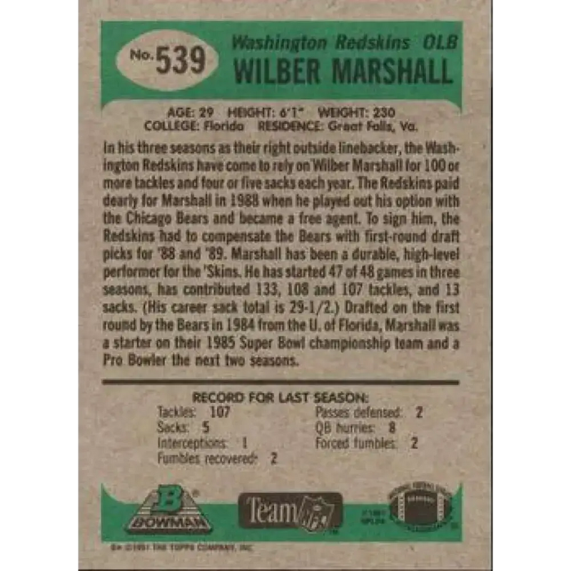 1991 Bowman #539 Wilber Marshall NM-MT Washington Redskins Football Card - Football Card Single