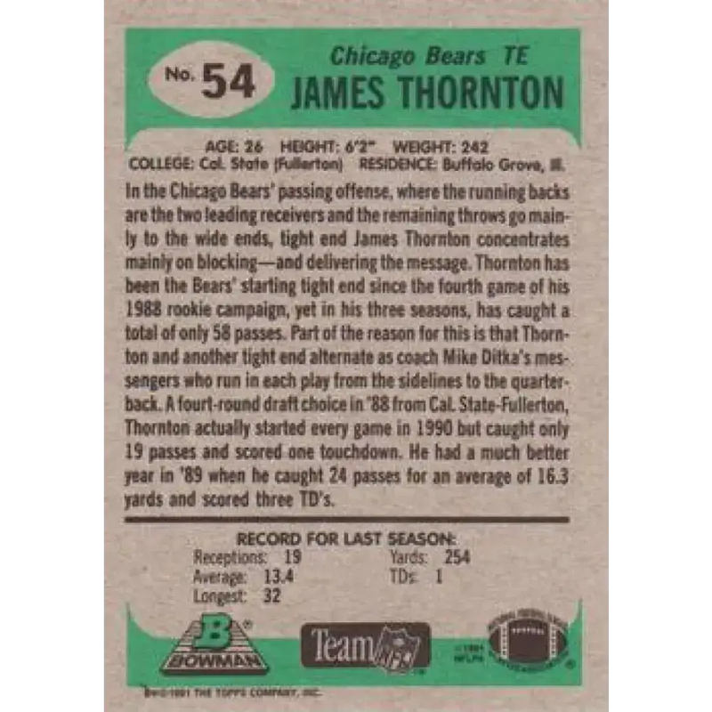 1991 Bowman #54 James Thornton NM-MT Chicago Bears Football Card - Football Card Single