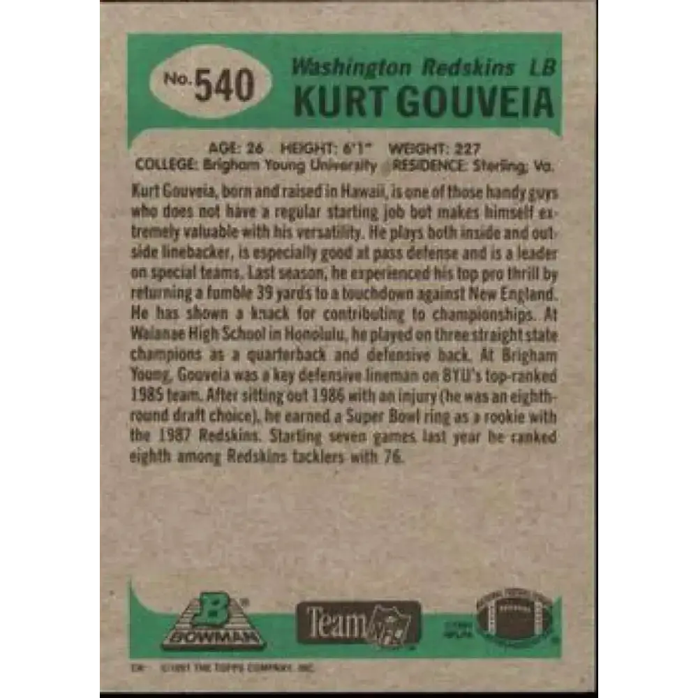 1991 Bowman #540 Kurt Gouveia NM-MT RC Rookie Washington Redskins Football Card - Football Card Single