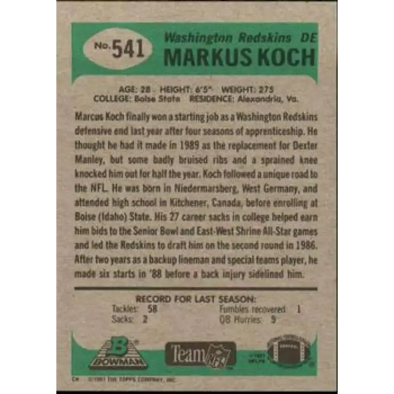 1991 Bowman #541 Markus Koch NM-MT Washington Redskins Football Card - Football Card Single