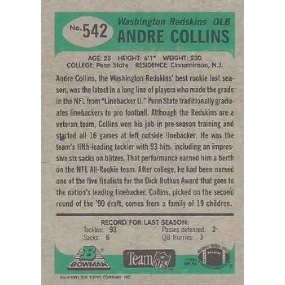 1991 Bowman #542 Andre Collins NM-MT Washington Redskins Football Card - Football Card Single