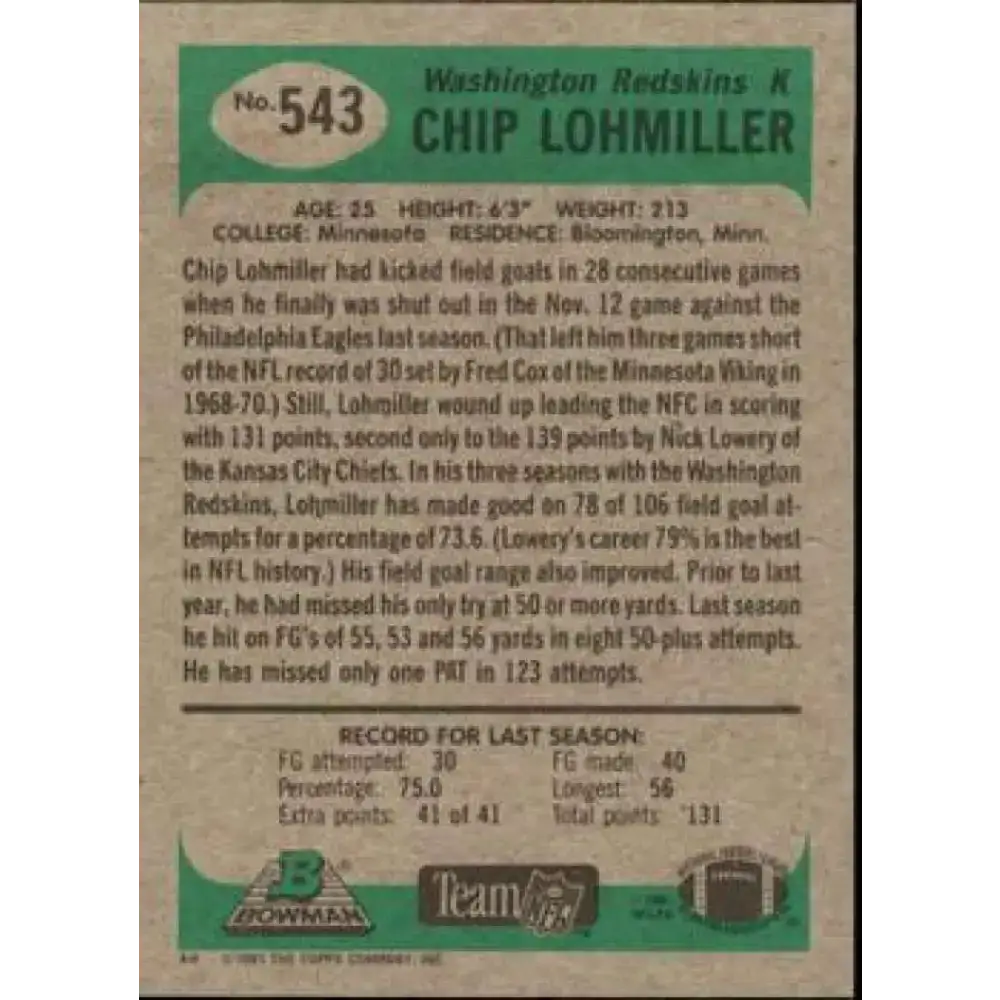 1991 Bowman #543 Chip Lohmiller NM-MT Washington Redskins Football Card