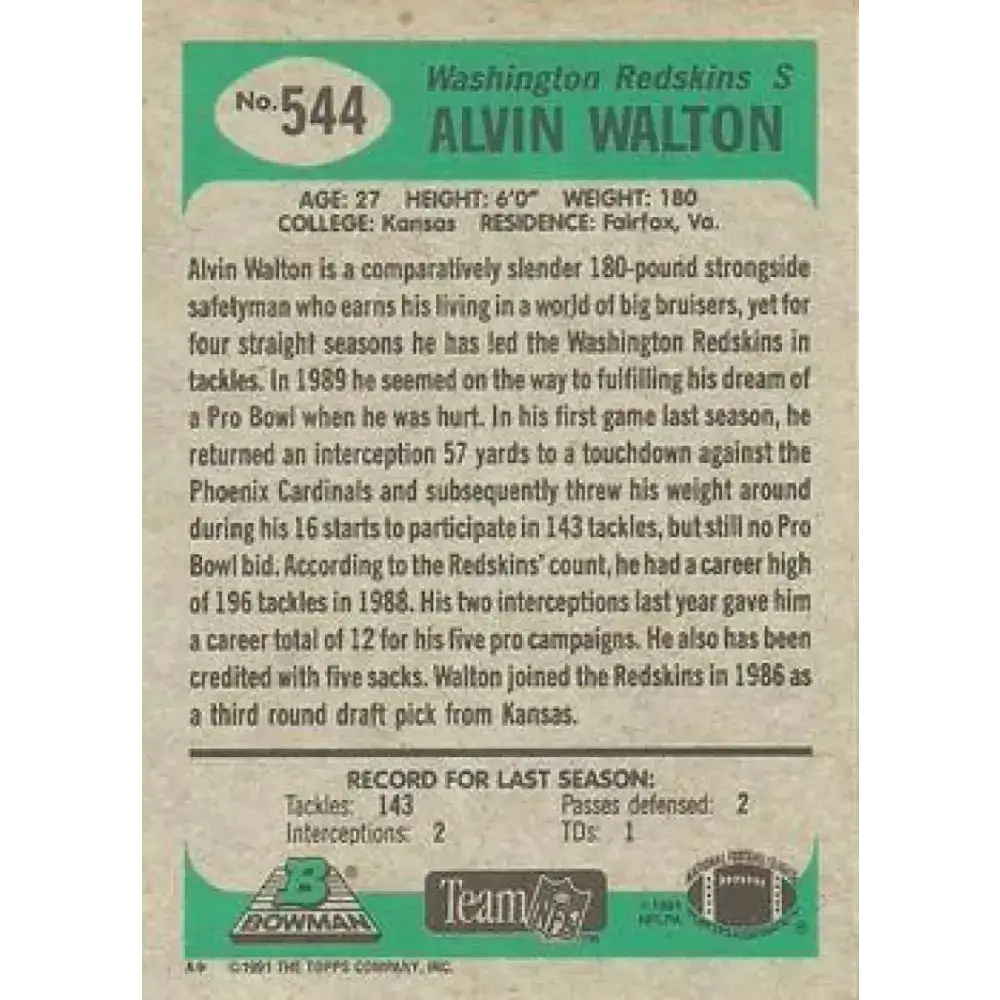 1991 Bowman #544 Alvin Walton NM-MT Washington Redskins Football Card - Football Card Single