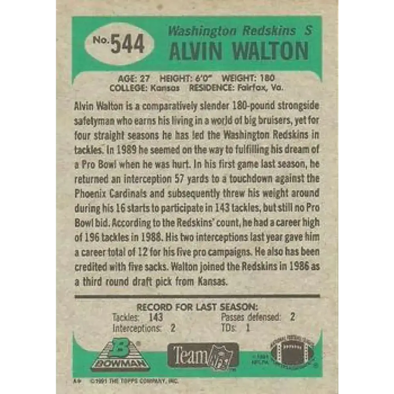 1991 Bowman #544 Alvin Walton NM-MT Washington Redskins Football Card - Football Card Single