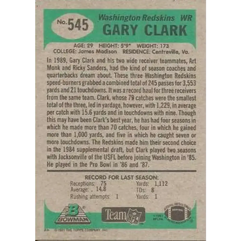 1991 Bowman #545 Gary Clark NM-MT Washington Redskins Football Card - Football Card Single