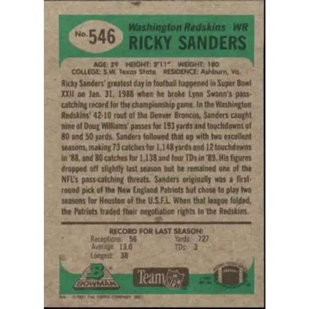 1991 Bowman #546 Ricky Sanders NM-MT Washington Redskins Football Card - Football Card Single