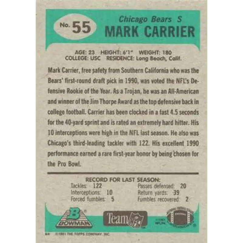 1991 Bowman #55 Mark Carrier NM-MT Chicago Bears Football Card - Football Card Single