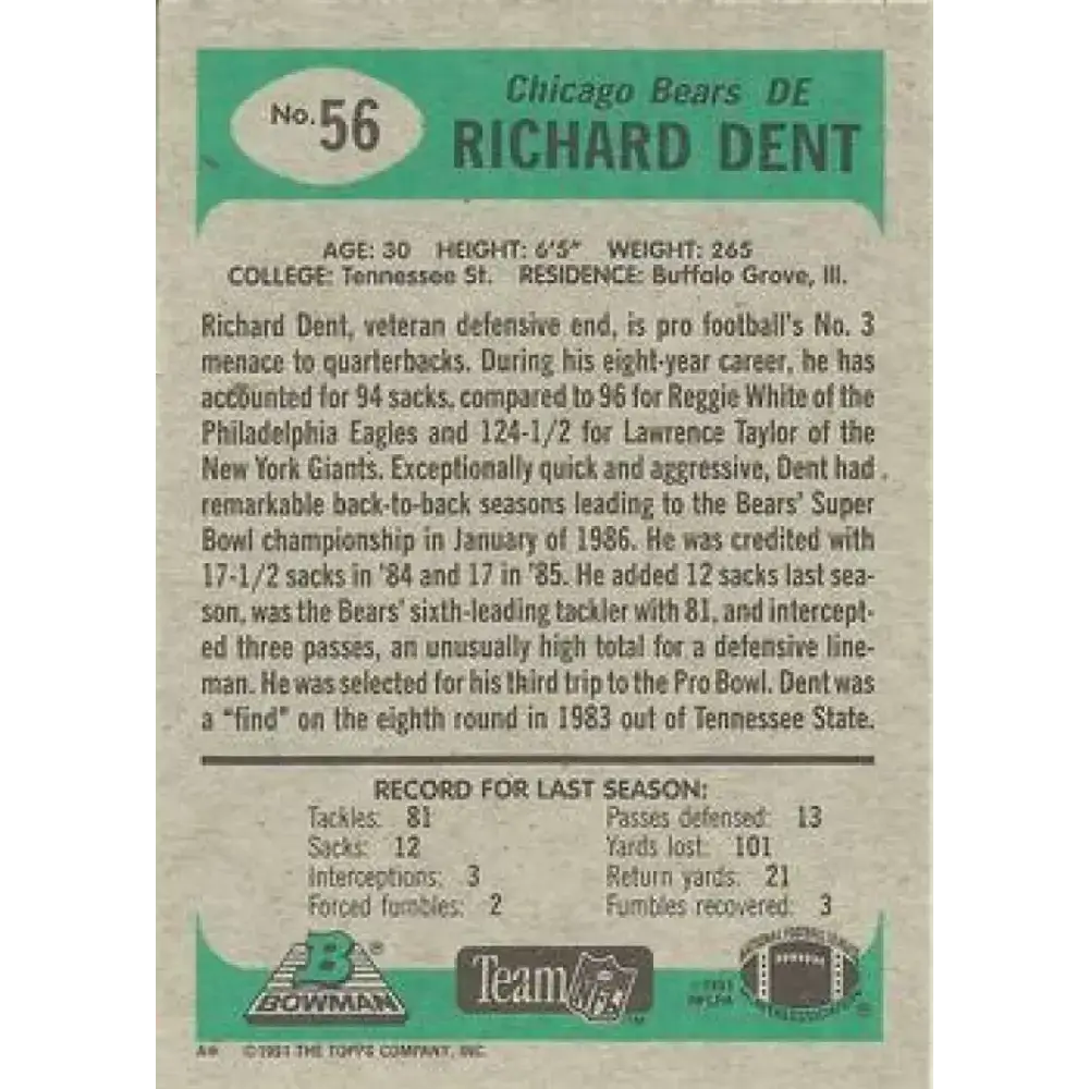 1991 Bowman #56 Richard Dent NM-MT Chicago Bears Football Card - Football Card Single