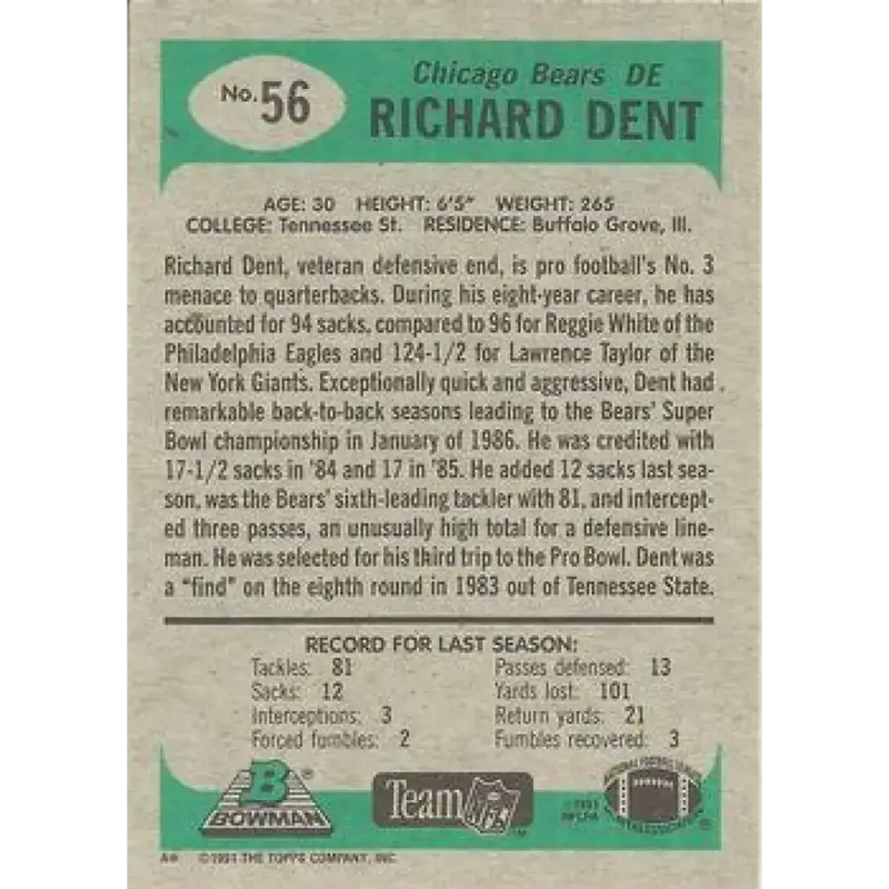 1991 Bowman #56 Richard Dent NM-MT Chicago Bears Football Card - Football Card Single