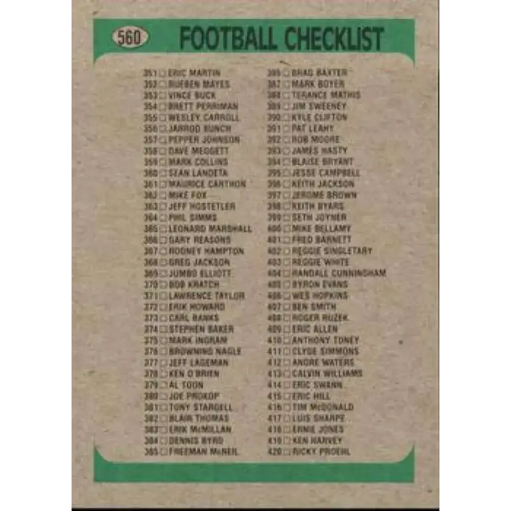 1991 Bowman #560 Checklist 281-420 NM-MT Football Card - Football Card Single