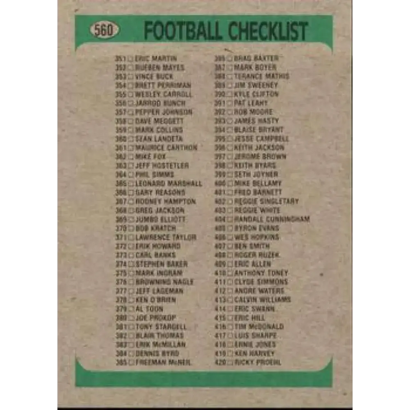 1991 Bowman #560 Checklist 281-420 NM-MT Football Card - Football Card Single