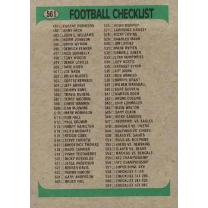 1991 Bowman #561 Checklist 421-561 NM-MT Football Card - Football Card Single
