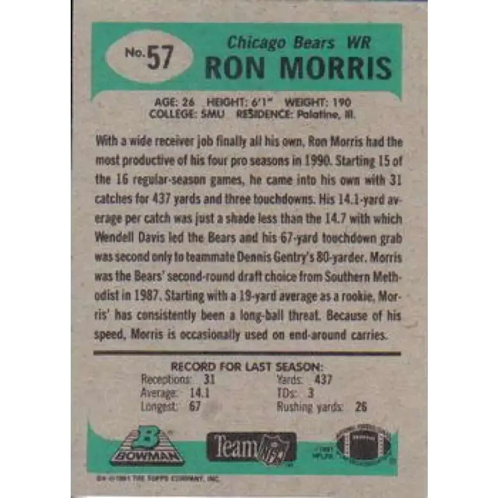 1991 Bowman #57 Ron Morris NM-MT Chicago Bears Football Card - Football Card Single
