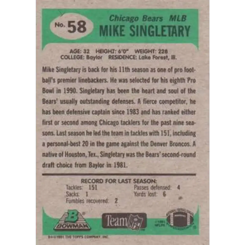 1991 Bowman #58 Mike Singletary NM-MT Chicago Bears Football Card - Football Card Single