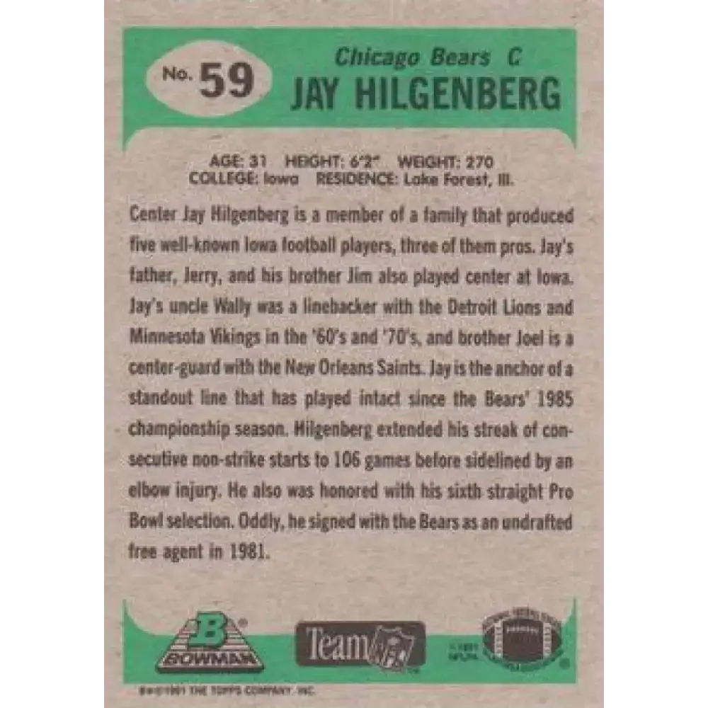 1991 Bowman #59 Jay Hilgenberg NM-MT Chicago Bears Football Card - Football Card Single