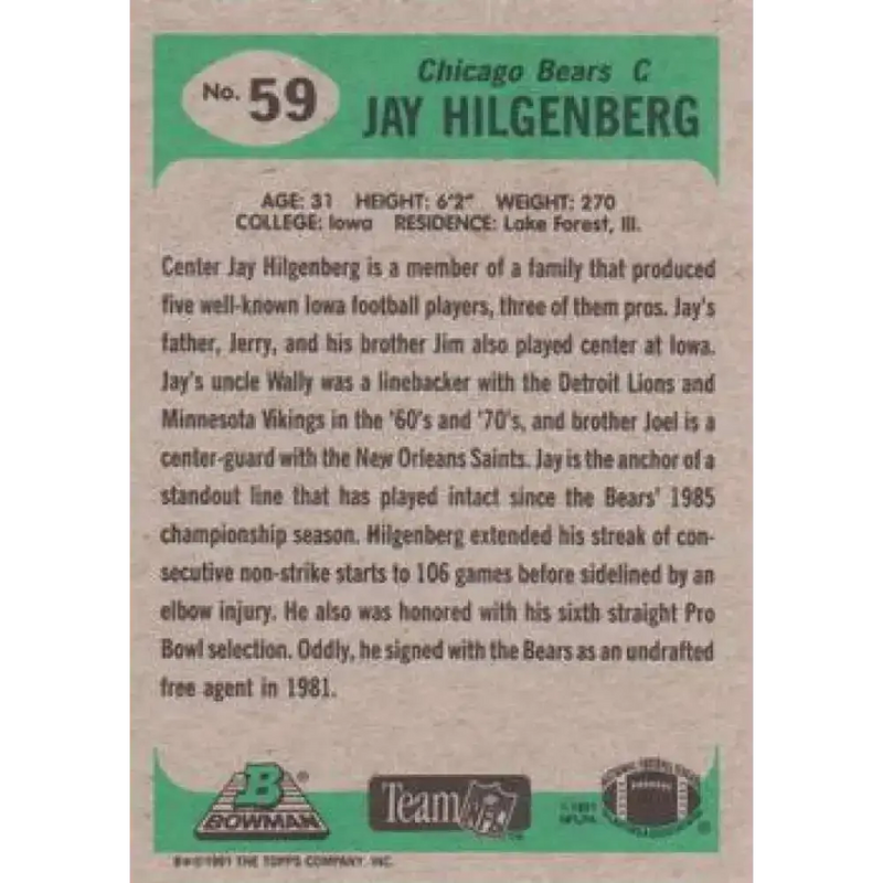 1991 Bowman #59 Jay Hilgenberg NM-MT Chicago Bears Football Card - Football Card Single