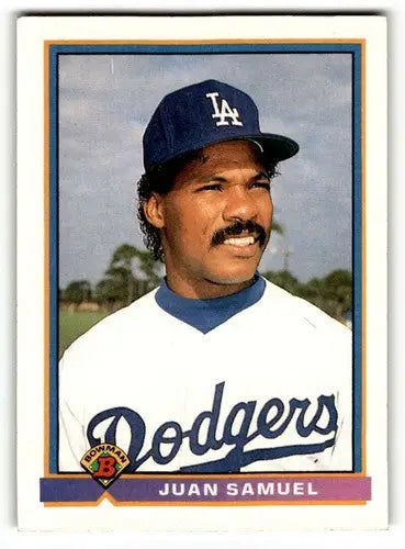 Original gloss Juan Samuel baseball card featuring Samuel Los Angeles Dodgers team logo