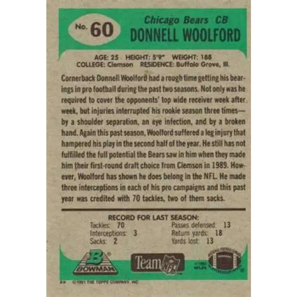 1991 Bowman #60 Donnell Woolford NM-MT Chicago Bears Football Card