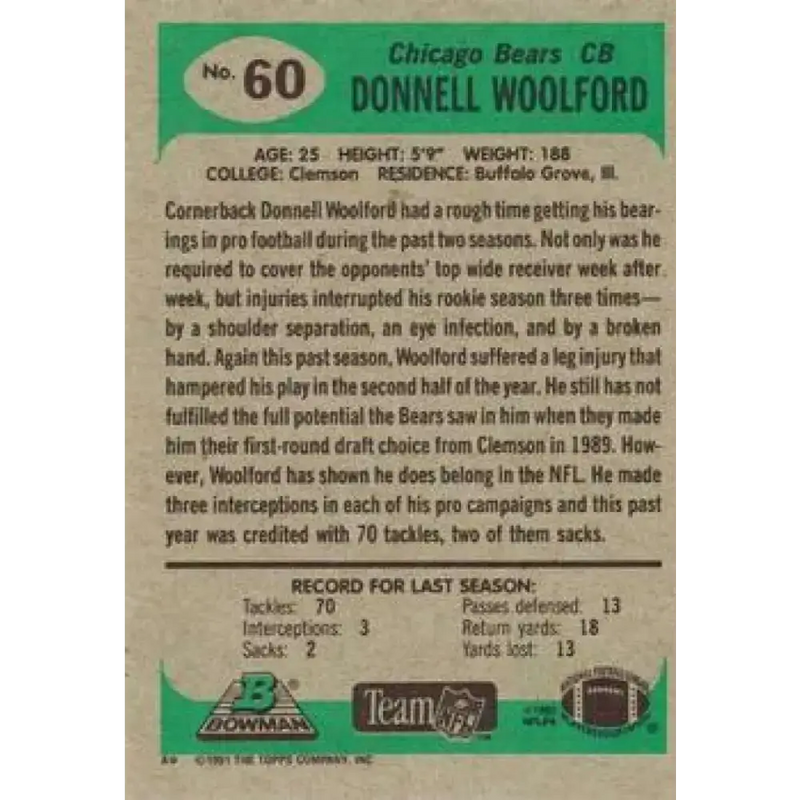 1991 Bowman #60 Donnell Woolford NM-MT Chicago Bears Football Card