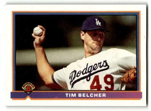 Original gloss Tim Belcher Los Angeles Dodgers baseball card from 1991 Bowman #605