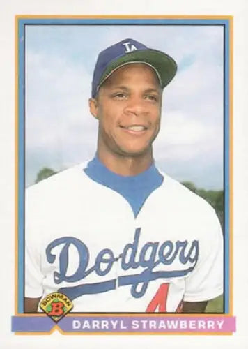 Original gloss Darryl Strawberry baseball card from 1991 Bowman #609 displayed near mint