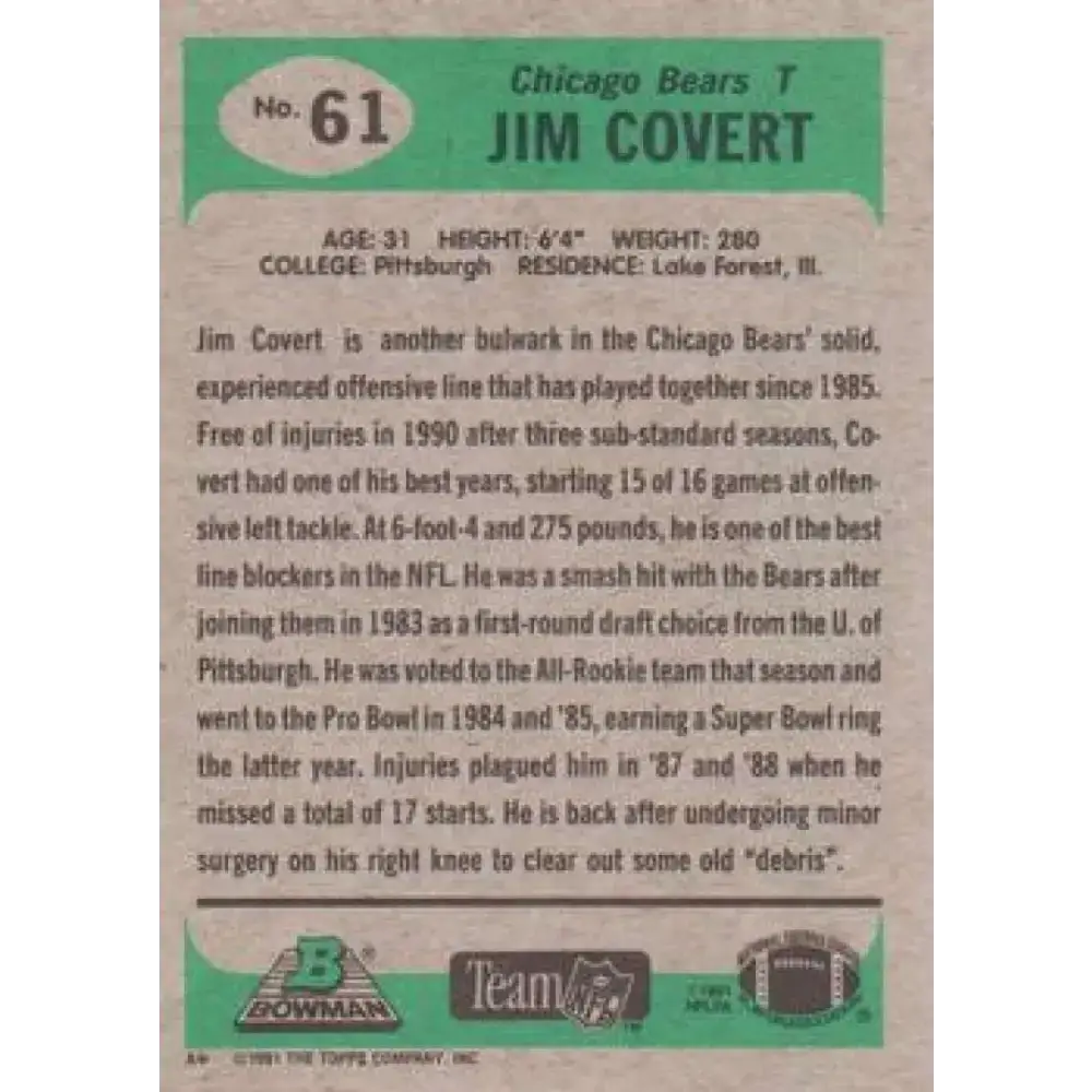 1991 Bowman #61 Jim Covert NM-MT Chicago Bears Football Card - Football Card Single