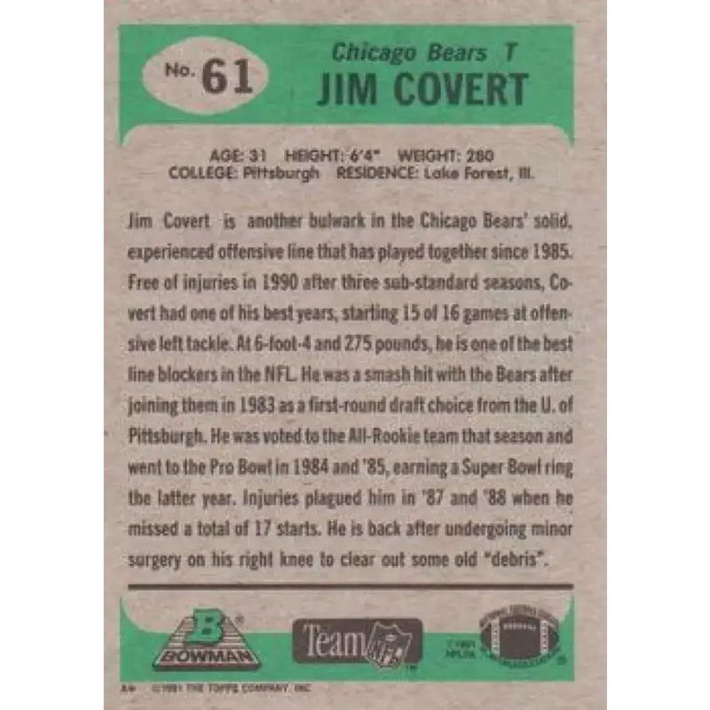 1991 Bowman #61 Jim Covert NM-MT Chicago Bears Football Card - Football Card Single