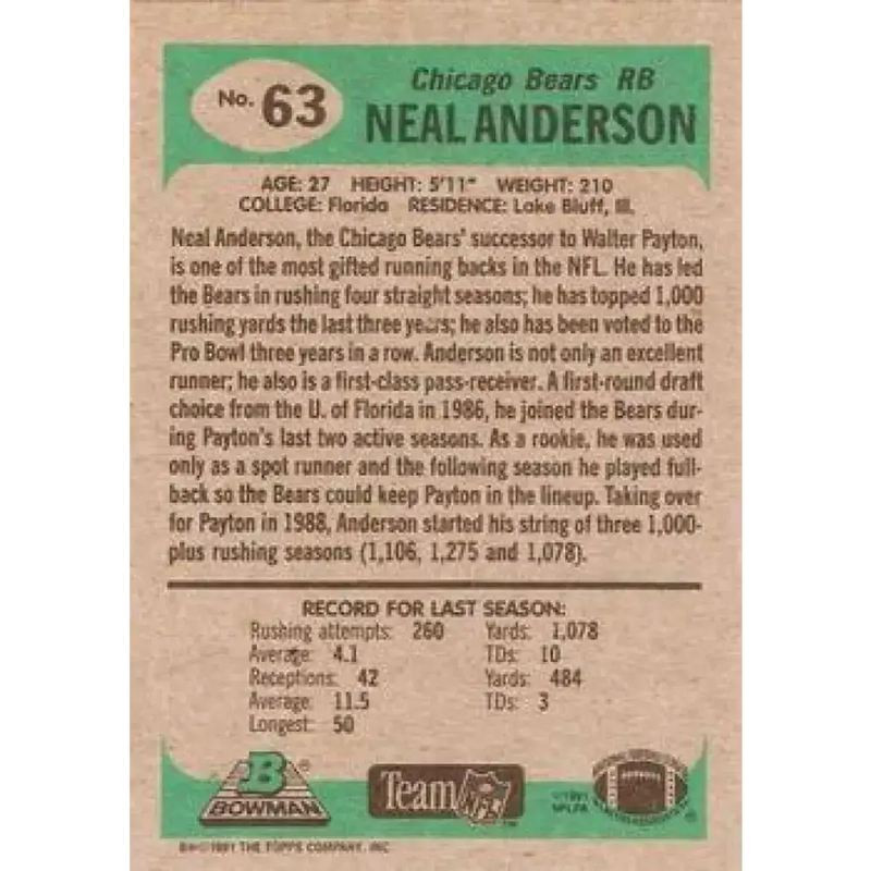 1991 Bowman #63 Neal Anderson NM-MT Chicago Bears Football Card - Football Card Single