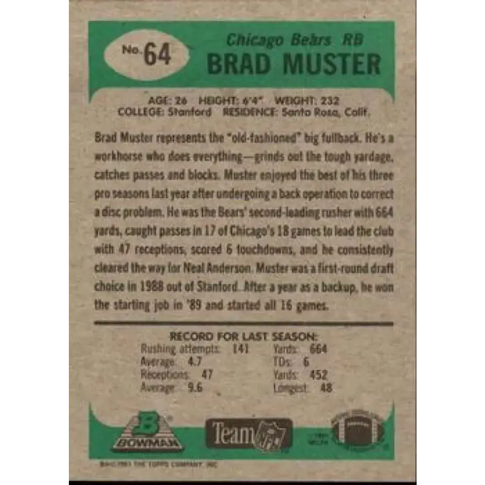 1991 Bowman #64 Brad Muster NM-MT Chicago Bears Football Card - Football Card Single