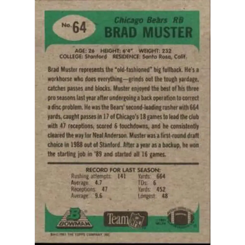 1991 Bowman #64 Brad Muster NM-MT Chicago Bears Football Card - Football Card Single