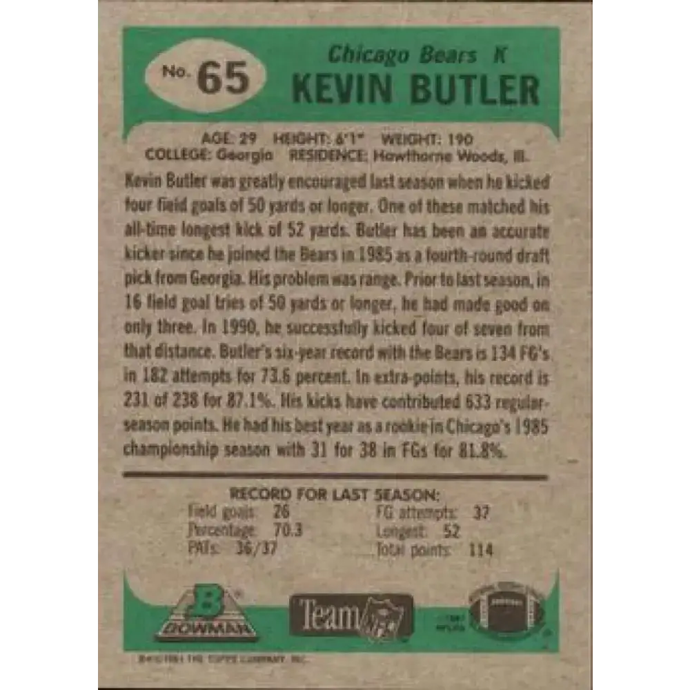 1991 Bowman #65 Kevin Butler NM-MT Chicago Bears Football Card - Football Card Single