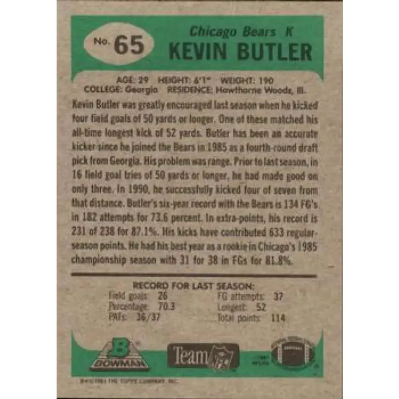 1991 Bowman #65 Kevin Butler NM-MT Chicago Bears Football Card - Football Card Single