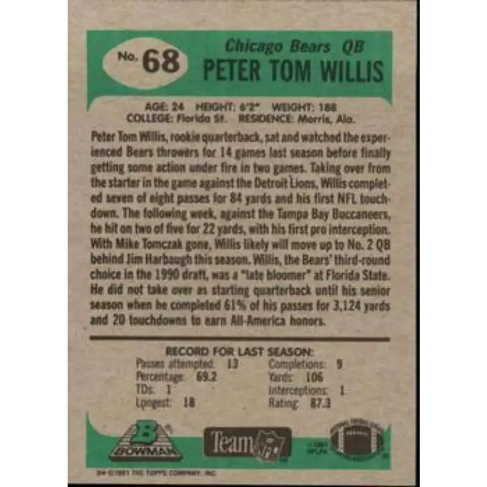 1991 Bowman #68 Peter Tom Willis NM-MT Chicago Bears Football Card - Football Card Single
