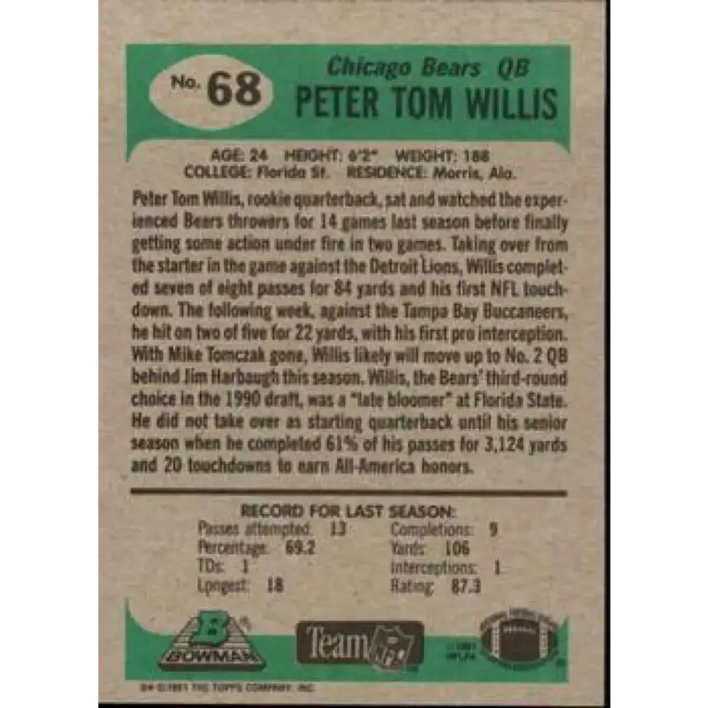 1991 Bowman #68 Peter Tom Willis NM-MT Chicago Bears Football Card - Football Card Single