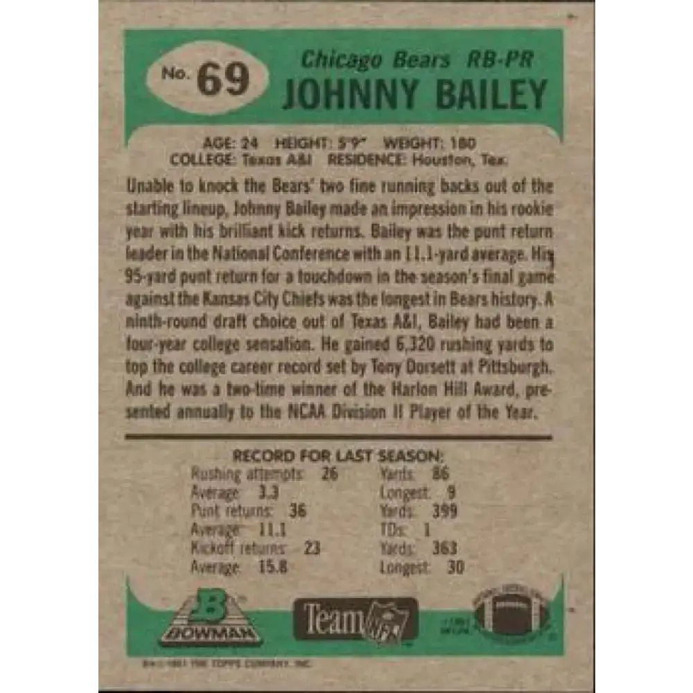 1991 Bowman #69 Johnny Bailey NM-MT Chicago Bears Football Card - Football Card Single