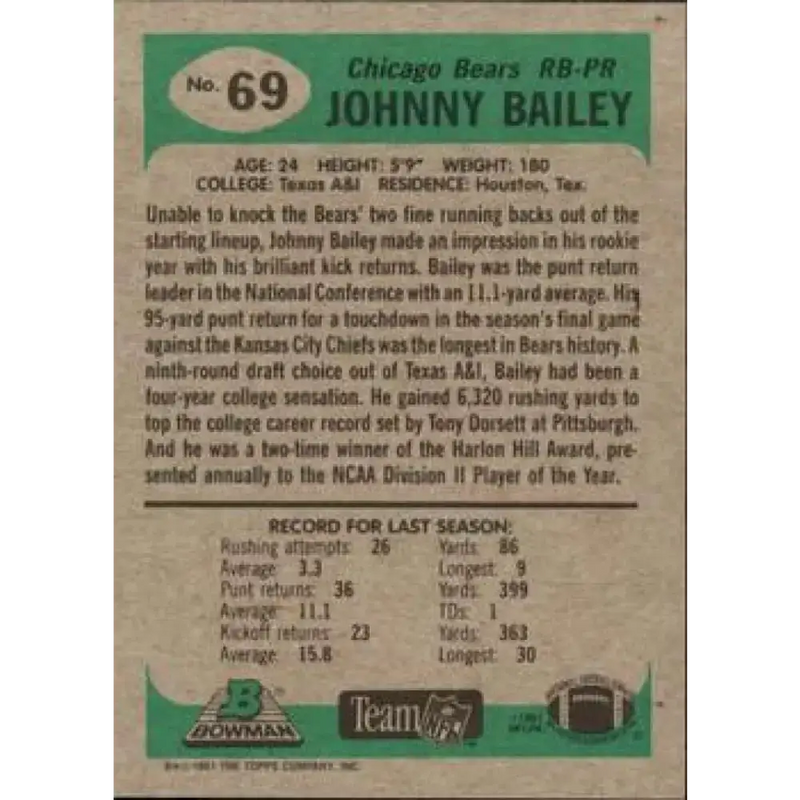 1991 Bowman #69 Johnny Bailey NM-MT Chicago Bears Football Card - Football Card Single