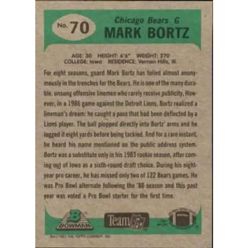 1991 Bowman #70 Mark Bortz NM-MT Chicago Bears Football Card - Football Card Single